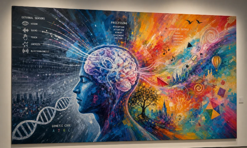 An oil painting showing the brain as a processing unit with inputs from the five senses and outputs shown as creative works